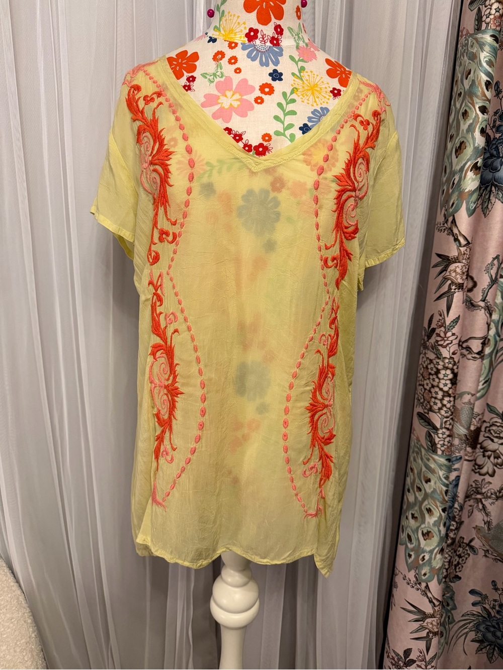 Johnny Was Yellow Tunic with Bright Orange Embroidery